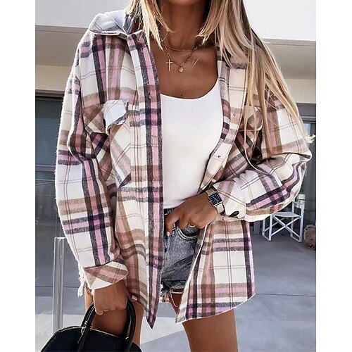 

Women's Casual Jacket Hoodie Jacket Windproof Warm Outdoor Street Daily Vacation 2 in 1 with Pockets Single Breasted Hoodie Street Style Shacket Plaid Regular Fit Outerwear Long Sleeve Winter Fall