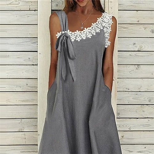 

Women's Casual Dress Swing Dress Midi Dress Gray Sleeveless Pure Color Lace Spring Summer Spaghetti Strap Fashion 2022 S M L XL XXL