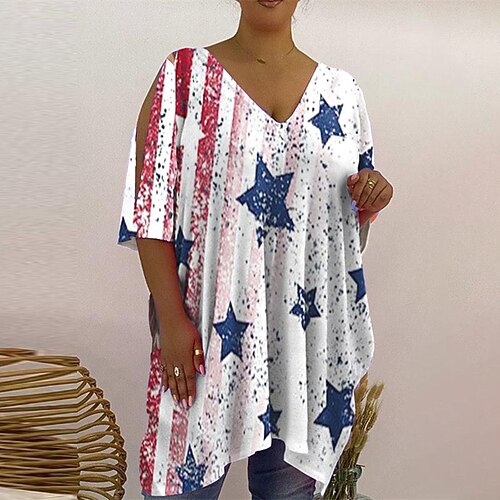 

Women's Plus Size Tops T shirt Tee Striped Color Gradient Cut Out Print Half Sleeve V Neck Festival Daily Vacation Cotton Spandex Jersey Spring Summer White Black / Butterfly