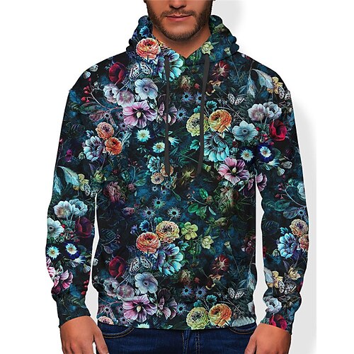 

Men's Unisex Hoodie Pullover Hoodie Sweatshirt Graphic Prints Flower Pocket Print Hooded Sports Outdoor Daily Sports 3D Print Basic Casual Hoodies Sweatshirts Long Sleeve Blue