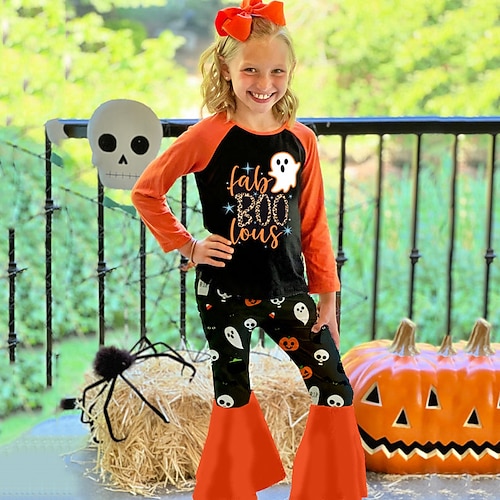 

Kids Girls' Halloween T-shirt Pants Clothing Set 2 Pieces Long Sleeve Yellow Letter Crewneck Ruffle Print Indoor Vacation Outdoor Active Daily Street Style 3-12 Years