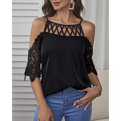 

Women's Blouse Shirt Black Plain Lace Cut Out Half Sleeve Daily Weekend Streetwear Casual Round Neck Regular S