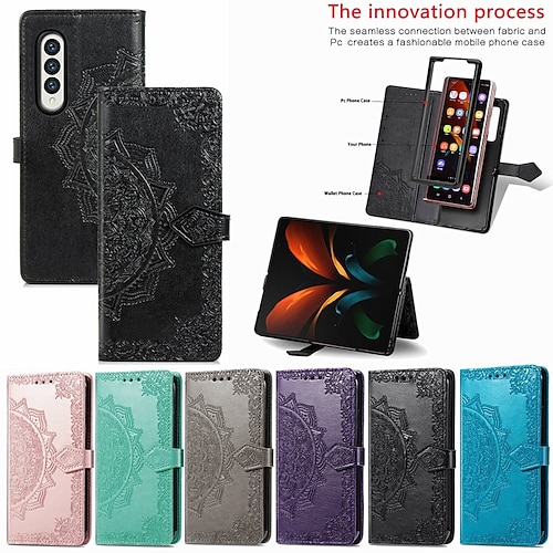 

Phone Case For Samsung Galaxy Wallet Card Z Fold 3 Z Fold 4 with Wrist Strap Card Holder Slots Kickstand Solid Colored PC PU Leather