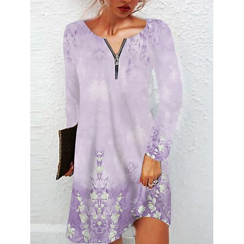 

Women's Casual Dress Knee Length Dress Blue Purple Pink Long Sleeve Floral Zipper Print Fall Winter Crew Neck Casual 2022 S M L XL 2XL 3XL 4XL 5XL 6XL / 3D Print