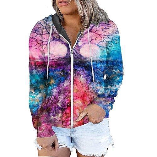 

Women's Plus Size Tops Hoodie Sweatshirt Graphic Zipper Print Long Sleeve Hooded Streetwear Daily Vacation Polyester Fall Winter Green Purple / 3D Print