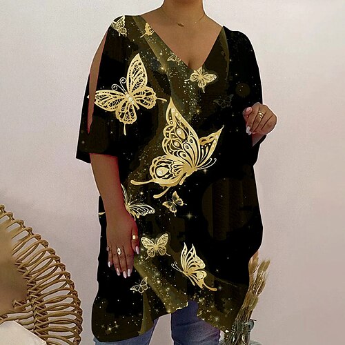 

Women's Plus Size Tops Blouse T shirt Tee Floral Butterfly Print Half Sleeve V Neck Casual Daily Going out Polyester Spring Summer Black Blue