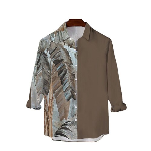 

Men's Shirt Leaves Turndown Khaki Long Sleeve 3D Print Outdoor Street Button-Down Print Tops Fashion Designer Casual Breathable