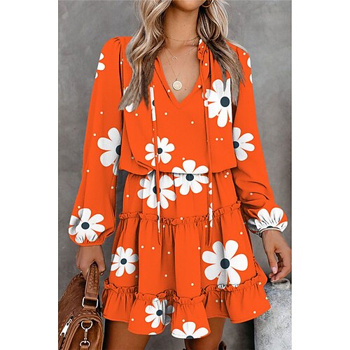 

Women's Shirt Dress A Line Dress Short Mini Dress White Black Orange Red Brown Long Sleeve Floral Leopard Print Fall Winter V Neck Fashion 2022 S M L XL