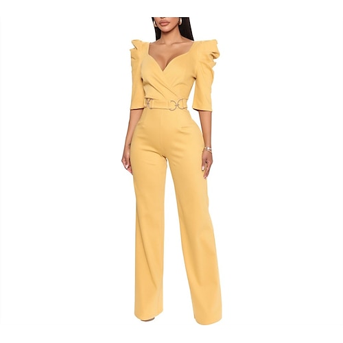 

Women's Jumpsuit Solid Color V Neck Business Office Business Slim 3/4 Length Sleeve Blue Purple Yellow S M L Winter