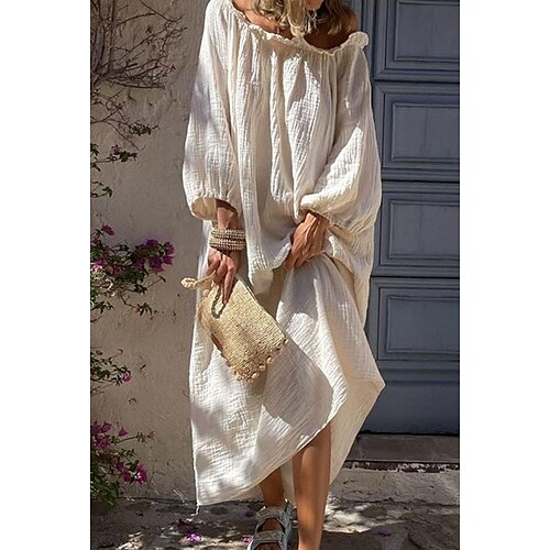 

Women's Casual Dress Shift Dress Long Dress Maxi Dress Beige Long Sleeve Pure Color Ruched Winter Fall Autumn Off Shoulder Modern Winter Dress Weekend Fall Dress 2022 S M L XL