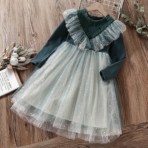 

Kids Little Girls' Dress Sequin A Line Dress School Daily Ruffle Lace Green Pink Knee-length Long Sleeve Elegant Casual Dresses New Year Fall Spring Loose 1 PC 3-12 Years