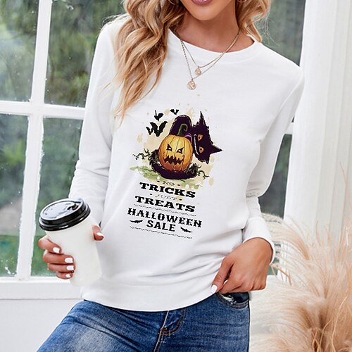 

Women's T shirt Tee Pumpkin Halloween Casual Weekend T shirt Tee Long Sleeve Print Round Neck Basic Halloween Green White Black S