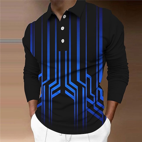 

Men's Collar Polo Shirt Golf Shirt Geometry Turndown Blue 3D Print Outdoor Street Long Sleeve Button-Down Print Clothing Apparel Fashion Designer Casual Breathable