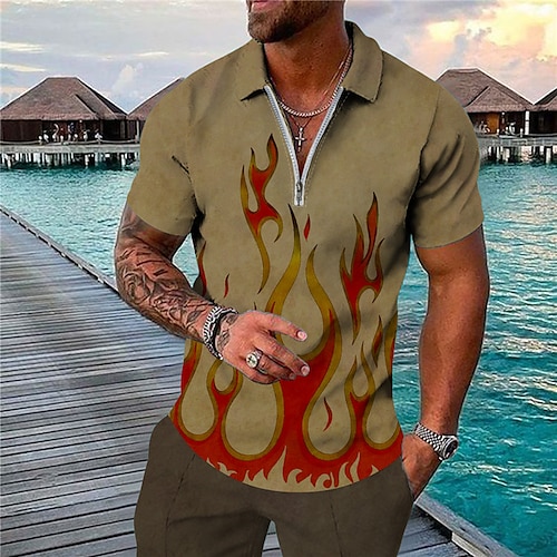 

Men's Collar Polo Shirt Golf Shirt Flame Turndown Green 3D Print Outdoor Street Short Sleeves Zipper Print Clothing Apparel Fashion Designer Casual Breathable / Summer / Spring / Summer