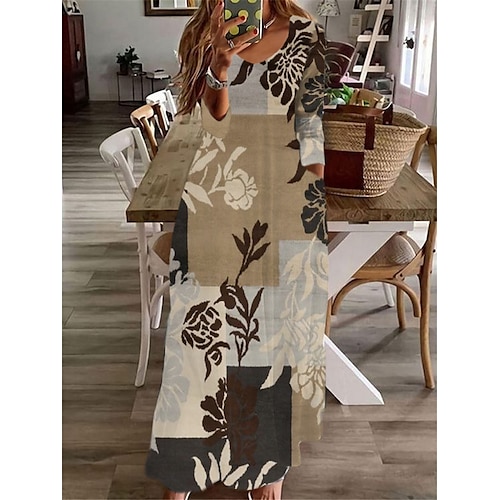 

Women's A Line Dress Swing Dress Maxi long Dress Gray Khaki Long Sleeve Floral Color Block Pocket Print Fall Winter V Neck Casual Vacation Vintage 2022 S M L XL XXL 3XL / Casual Dress