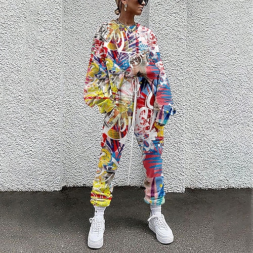 

Women's Sweatshirt Tracksuit Pants Sets Active Streetwear Yellow Rainbow Sports Outdoor Casual Floral Geometric Drawstring Print Crew Neck S M L XL XXL