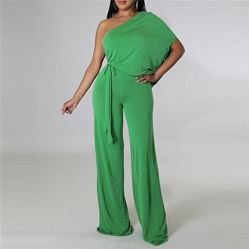 

Women's Jumpsuit Lace up Solid Color One Shoulder Elegant Street Going out Regular Fit Half Sleeve Green S M L Spring