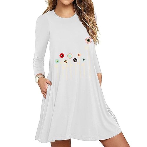 

Women's Shift Dress Short Mini Dress Green White Black Blue Wine Dark Blue Long Sleeve Print Print Fall Winter Round Neck Casual 2022 S M L XL XXL