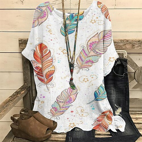 

Women's Plus Size Tops T shirt Tee Floral Animal Patchwork Print Half Sleeve Crewneck Streetwear Daily Going out Polyester Spring Summer Green White / Loose Fit