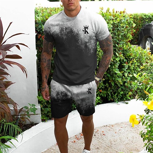 

Men's Shorts and T Shirt Set T-Shirt Outfits Graphic Letter Crew Neck Gray 3D Print Street Daily Short Sleeve Print Clothing Apparel 2pcs Basic Fashion Designer Casual / Summer / Spring / Summer