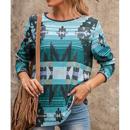 

Women's T shirt Tee Geometric Casual Weekend Geometric Painting T shirt Tee Long Sleeve Print Round Neck Basic Ethnic Green Blue Pink S / 3D Print