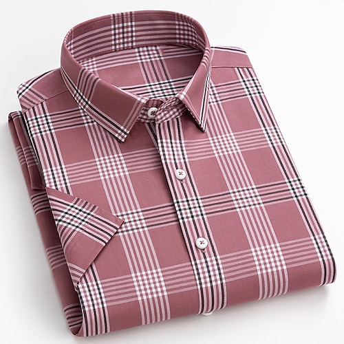 

Men's Dress Shirt Plaid Check Shirt Turndown Wine Dusty Blue Brown Print Daily Work Short Sleeve Button-Down Clothing Apparel Cotton Business Casual Comfortable
