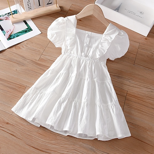 

Meninas Vestido A Line Manga Curta Cor Sólida Gráfico impresso em 3D Vestidos Princesa Doce Assimétrico Algodão Vestido Verão Primavera Infantil Diário Normal