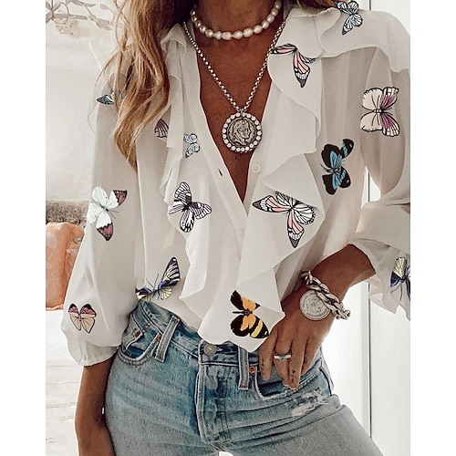 

Women's Shirt Blouse Black White Pink Floral Butterfly Ruffle Button Long Sleeve Daily Weekend Streetwear Casual Shirt Collar Regular Floral Butterfly S