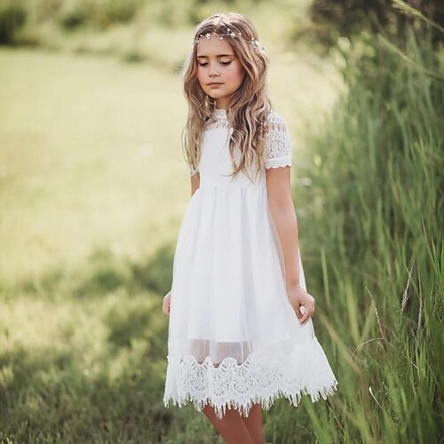 

Kids Little Girls' Dress Solid Colored A Line Dress Vacation White Asymmetrical Short Sleeve Princess Sweet Dresses Spring Summer Regular Fit 1-5 Years