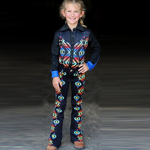 

Kids Girls' Shirt Pants Clothing Set 2 Pieces Long Sleeve Navy Blue Geometric Print Street Indoor Vacation Active Daily Street Style 2-12 Years