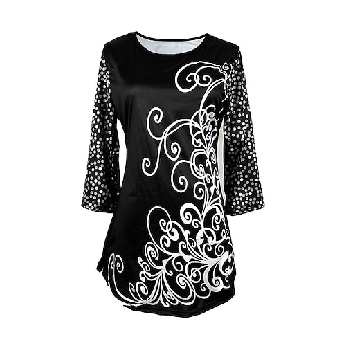 

Women's Plus Size Tops T shirt Tee Floral Polka Dot Print 3/4 Length Sleeve Round Neck Casual Daily Going out Polyester Fall Winter Black