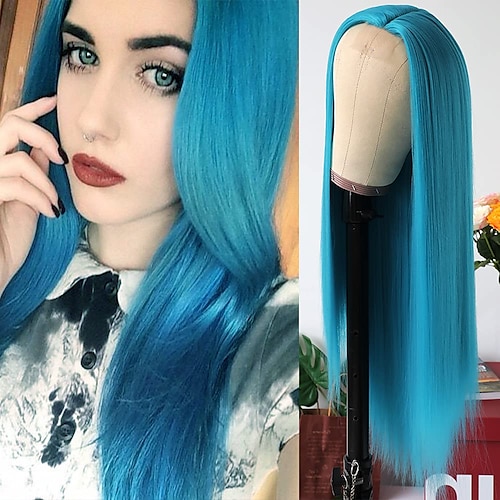 

Lake Blue Color Synthetic None Lace Wig Silky Straight Heat Resistant Synthetic Replacement Hair Wigs for Fashion Women