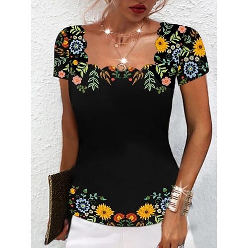 

Women's T shirt Tee Floral Holiday Weekend Floral Painting T shirt Tee Short Sleeve Print Square Neck Basic Black S / 3D Print