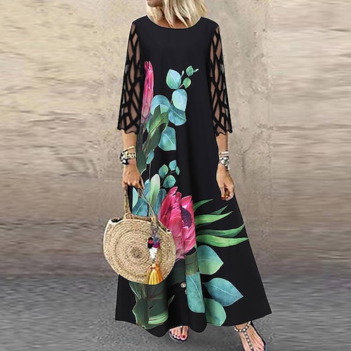 

Women's Casual Dress A Line Dress Maxi long Dress Black 3/4 Length Sleeve Floral Mesh Lace Print Fall Winter Crew Neck Casual Mature Loose 2022 S M L XL XXL