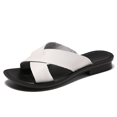 

Women's Slippers Work Daily Outdoor Slippers Summer Low Heel Round Toe Casual Sweet Walking Shoes PU Leather Loafer Black Beige