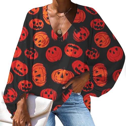 

Women's Blouse Shirt Purple Yellow Orange Pumpkin Print Long Sleeve Holiday Weekend Casual Halloween V Neck Regular Loose Fit Lantern Sleeve S / 3D Print