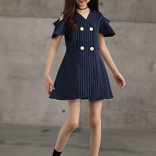 

Kids Girls' DressSet Clothing Set 2 Pieces Short Sleeve Navy Blue Stripe Vacation Fashion Cool 4-12 Years
