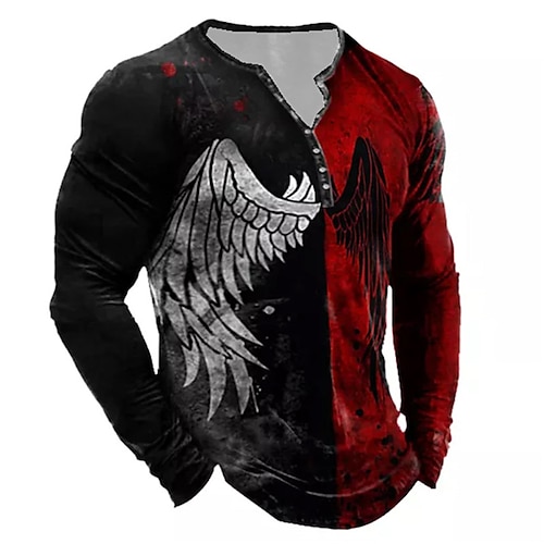 

Men's T shirt Tee Henley Shirt Tee Graphic Color Block Wings Henley Black / Red Green Blue Red 3D Print Plus Size Outdoor Daily Long Sleeve Button-Down Print Clothing Apparel Basic Designer Classic