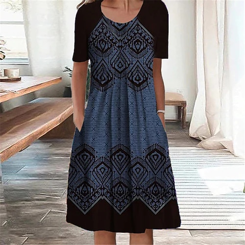 

Women's Shift Dress Casual Dress Knee Length Dress Blue Short Sleeve Floral Ruched Pocket Print Spring Summer Crew Neck Casual Vacation Slim 2022 S M L XL XXL 3XL