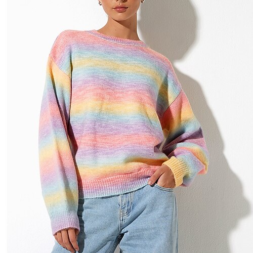 

Women's Pullover Sweater Jumper Ribbed Knit Stripe Knitted Striped Crew Neck Stylish Casual Daily Going out Fall Winter Blue Pink S M L / Long Sleeve