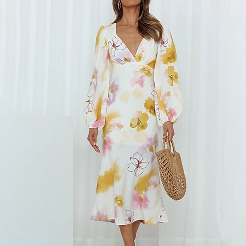 

Women's Casual Dress Sheath Dress Midi Dress White Long Sleeve Floral Ruched Print Fall Spring V Neck Stylish Casual Modern 2022 S M L XL