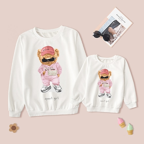 

Mommy and Me Sweatshirt Graphic Bear Letter Daily Print White Long Sleeve Adorable Matching Outfits