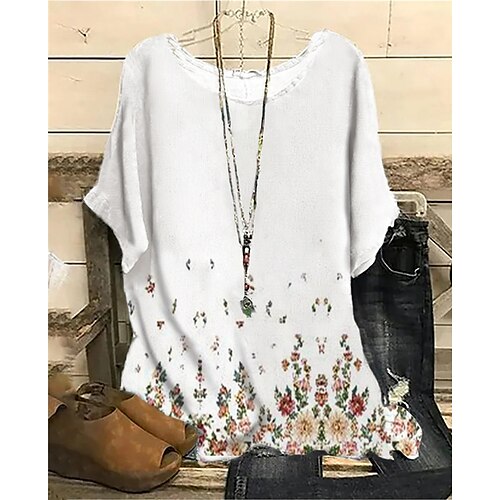 

Women's Plus Size Tops Blouse Shirt Floral Print Half Sleeve Crewneck Streetwear Daily Sports Cotton Spandex Jersey Spring Summer Green White