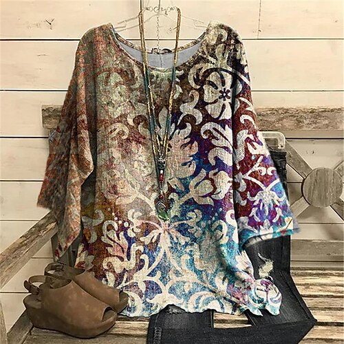 

Women's Plus Size Tops Blouse Shirt Floral Print Long Sleeve Crewneck Streetwear Daily Vacation Polyester Fall Winter Green Blue