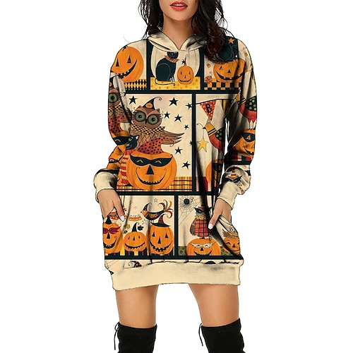 

Women's Pullover Hoodie Sweatshirt Pullover Active Streetwear Long Pocket Print Black Wine Red Cat Pumpkin Halloween Hooded Long Sleeve