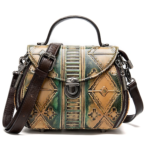 

Women's Top Handle Bag Shoulder Bag Nappa Leather Cowhide Zipper 3D Floral Print Vintage Daily Green Blue Yellow Red