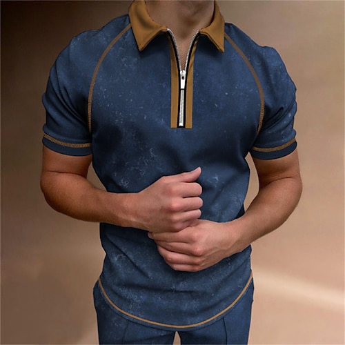 

Men's Collar Polo Shirt Golf Shirt Quarter Zip Polo Letter Turndown Navy Blue Hot Stamping Street Daily Short Sleeve Zipper Print Clothing Apparel Fashion Casual Comfortable Big and Tall / Summer