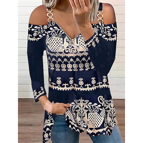 

Women's Blouse Shirt Blue Color Gradient Long Sleeve Holiday Weekend Basic Cold Shoulder S