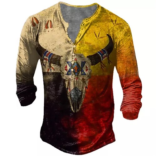 

Men's T shirt Tee Henley Shirt Tee Graphic Animal Color Block Henley Red Long Sleeve 3D Print Plus Size Outdoor Daily Button-Down Print Tops Basic Designer Classic Comfortable / Sports
