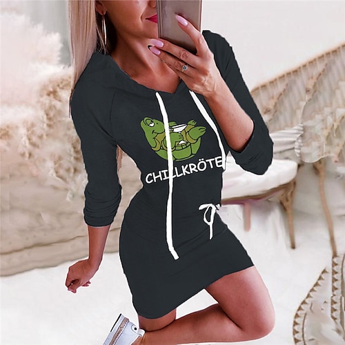 

Women's Bodycon Short Mini Dress Black Long Sleeve Print Letter Animal Print Fall Winter Hooded Fashion 2022 S M L XL XXL 3XL